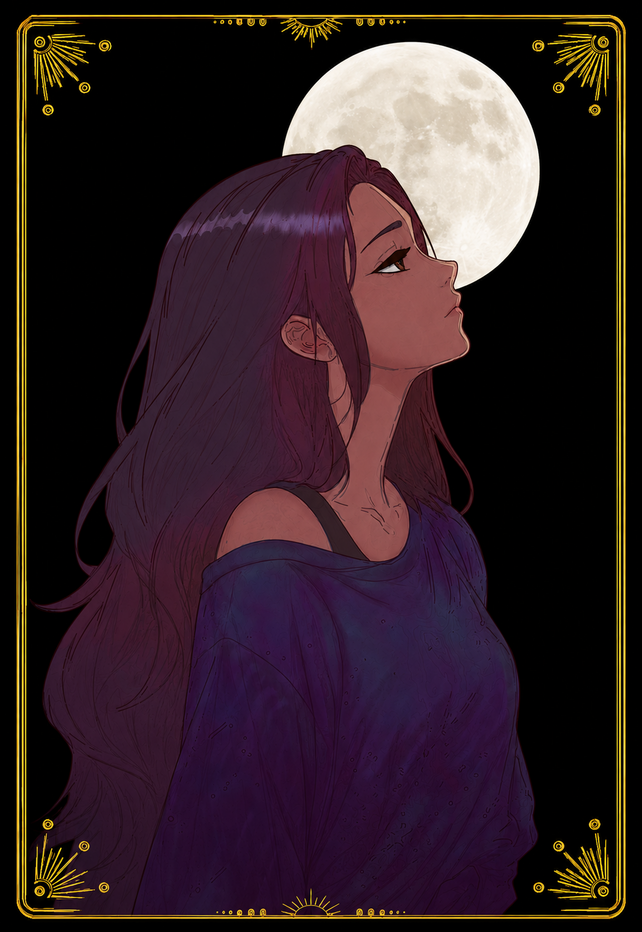 Portrait artwork of Sarah beneath a full moon